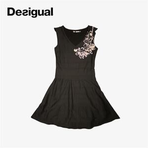 Desigual black dress a line v neck floral graphic design sequins - size small
